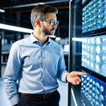 A focused male engineer, dressed in a professional business casual shirt, standing in a clean, modern high-tech engineering lab. He is interacting with a transparent holographic display showcasing intricate generative design algorithms and a topologically optimized mold structure with complex, organic cooling channels. The background features blurred industrial 3D printers and computational servers. The scene emphasizes innovation and precision in advanced manufacturing. fully clothed, modest clothing, appropriate attire, professional dress, safe for work, appropriate content, perfect anatomy, correct proportions, natural pose, well-formed hands, proper finger count, natural body proportions, professional photography, cinematic lighting, ultra detailed, high quality, family-friendly.