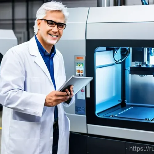 Home 23 금형설계기능사와 금속 3D 프린팅 기술 적용 - A highly detailed, professional photo of an experienced, silver-haired engineer, wearing a smart lab...