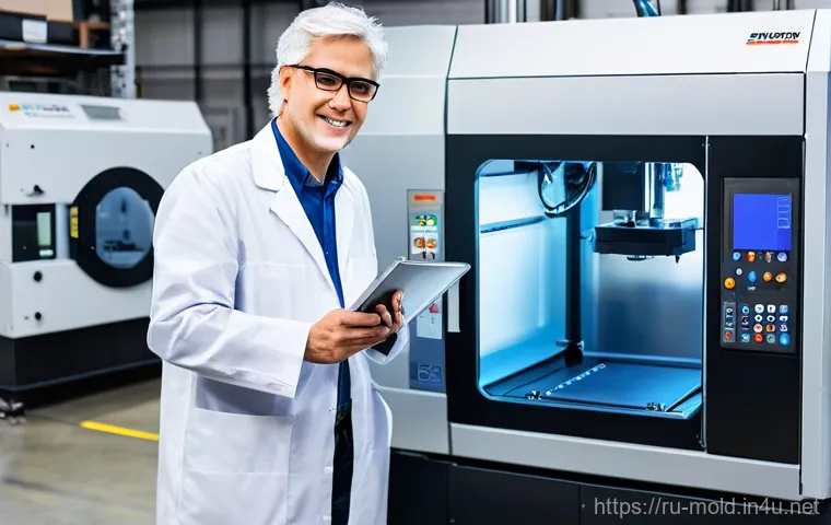 금형설계기능사와 금속 3D 프린팅 기술 적용 - A highly detailed, professional photo of an experienced, silver-haired engineer, wearing a smart lab...