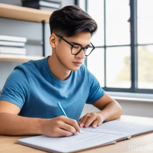 Home 22 금형설계기능사 준비생의 시간 관리 전략 - **A focused young engineering student working at a modern desk.**
A bright, clean, and organized...