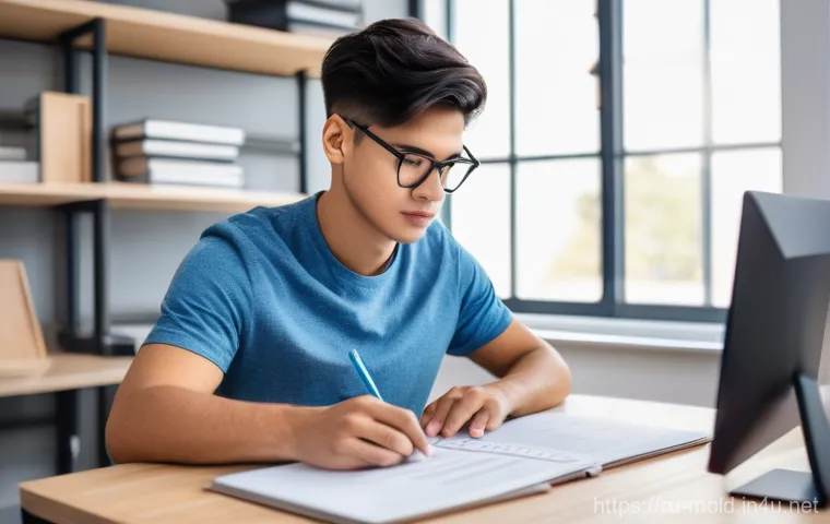 금형설계기능사 준비생의 시간 관리 전략 - **A focused young engineering student working at a modern desk.**
    A bright, clean, and organized...