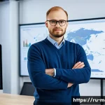 금형설계기능사 취득 후 이직 성공 사례 - A professional Russian engineer in a modern industrial office, wearing business casual attire, confi...