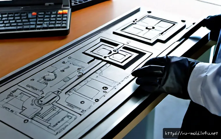 금형설계 실무에서 사용되는 도면 해독 기술 - Photorealistic close-up of a Russian mold design engineer in a modern Moscow manufacturing office, c...